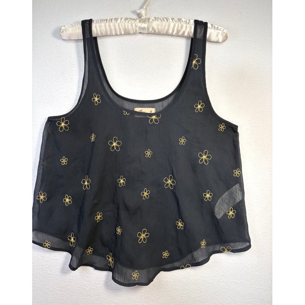 Hollister Tank Top Womens Medium Black Excellent Gold Floral Sheer Chiffon Boho